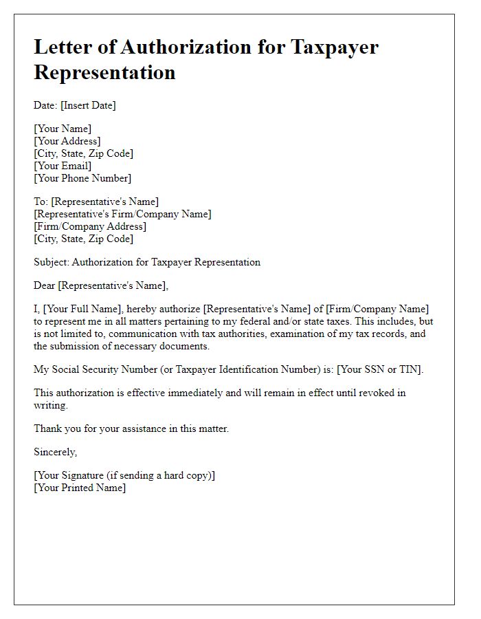 Letter template of Authorization for Taxpayer Representation Appointment