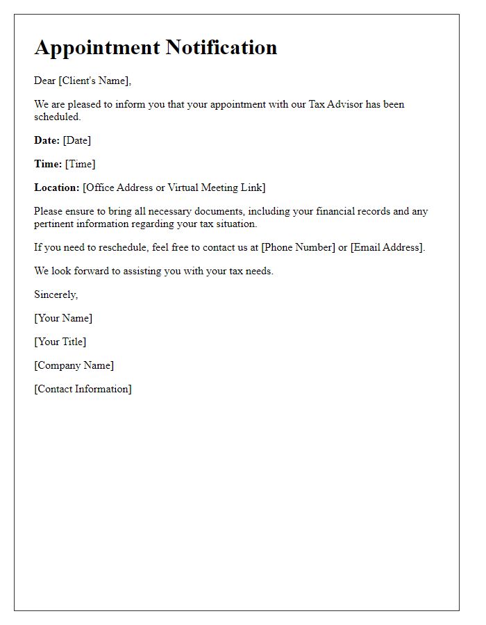 Letter template of Tax Advisor Appointment Notification