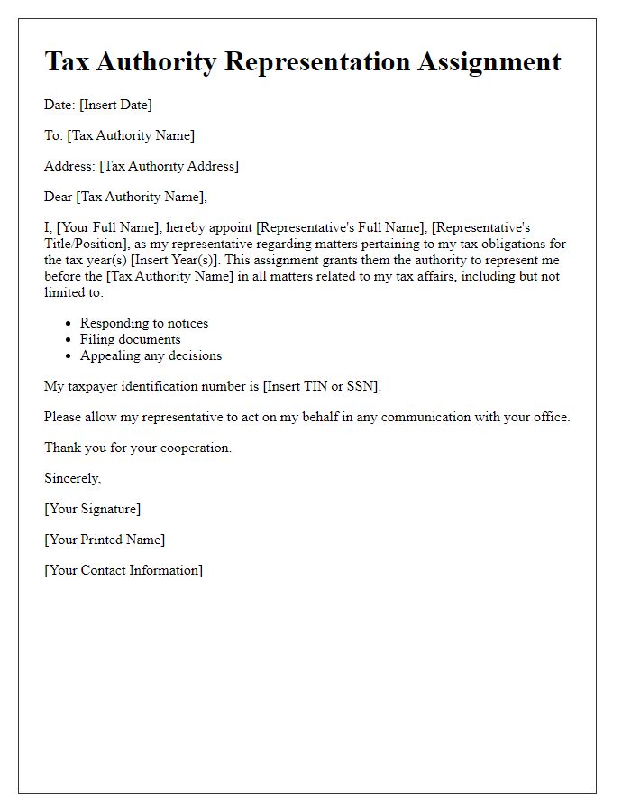 Letter template of Tax Authority Representation Assignment