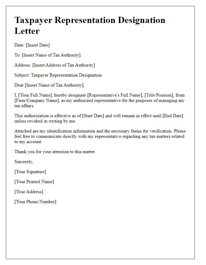 Letter template of Taxpayer Representation Designation