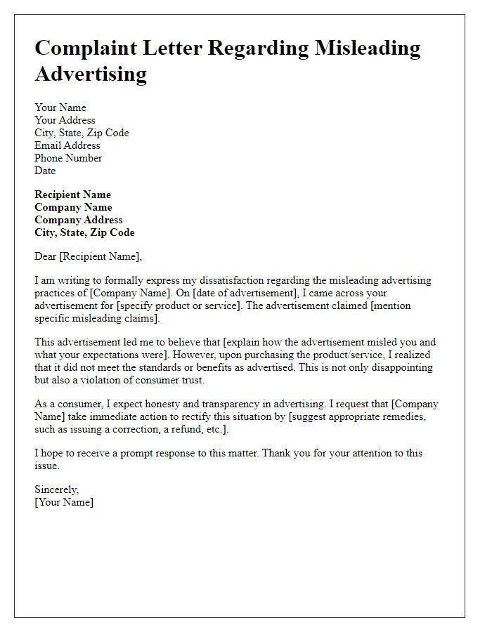 Letter template of complaint regarding misleading advertising practices