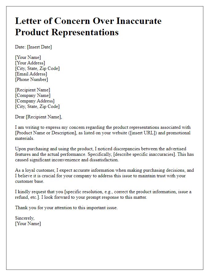 Letter template of concern over inaccurate product representations