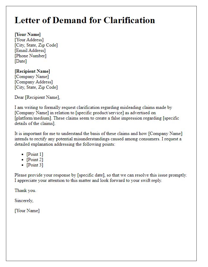 Letter template of demand for clarification on misleading claims