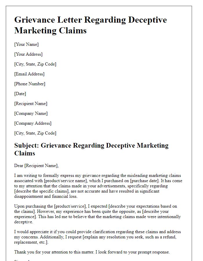 Letter template of grievance about deceptive marketing claims