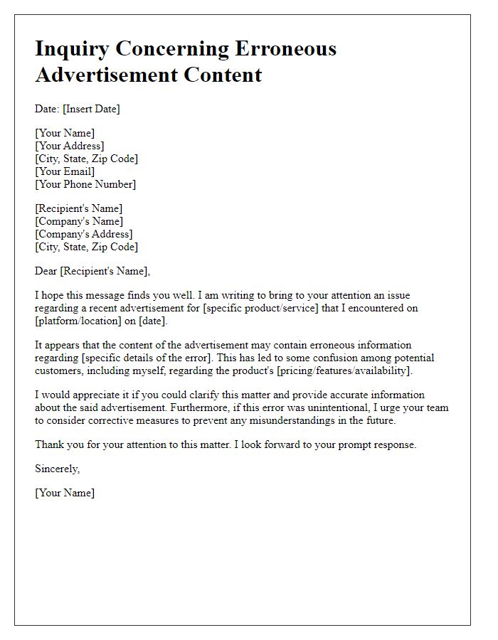 Letter template of inquiry concerning erroneous advertisement content