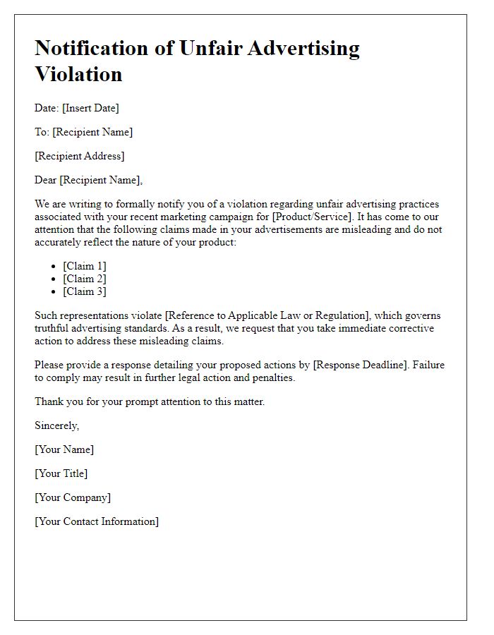 Letter template of notification for unfair advertising violations