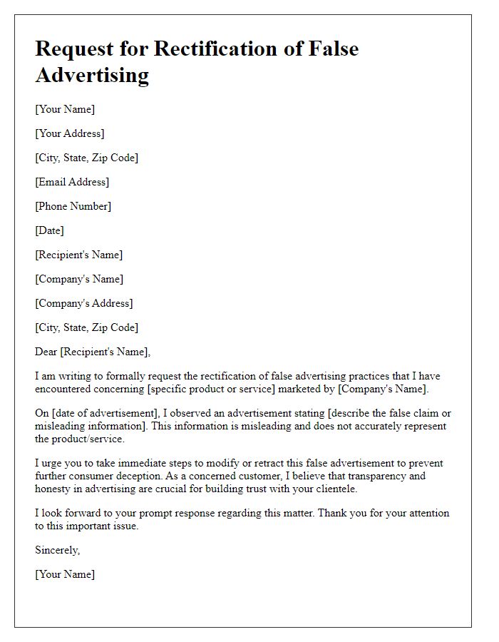 Letter template of request for rectification of false advertising practices