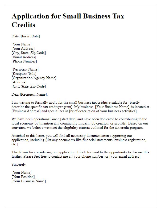 Letter template of application for small business tax credits.