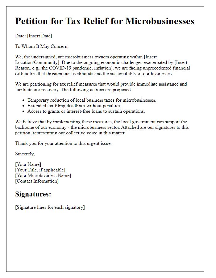 Letter template of petition for tax relief for microbusinesses.