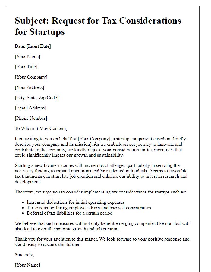 Letter template of plea for tax considerations for startups.