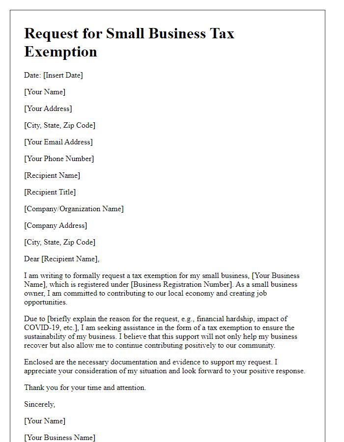 Letter template of request for small business tax exemption.