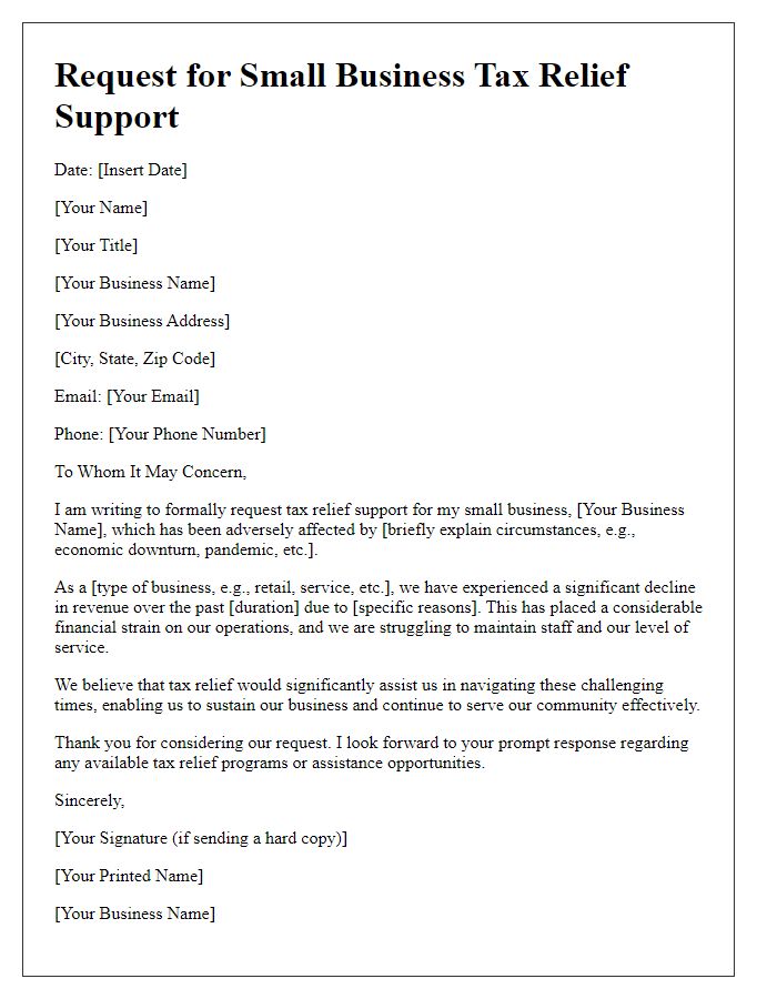 Letter template of small business tax relief support request.