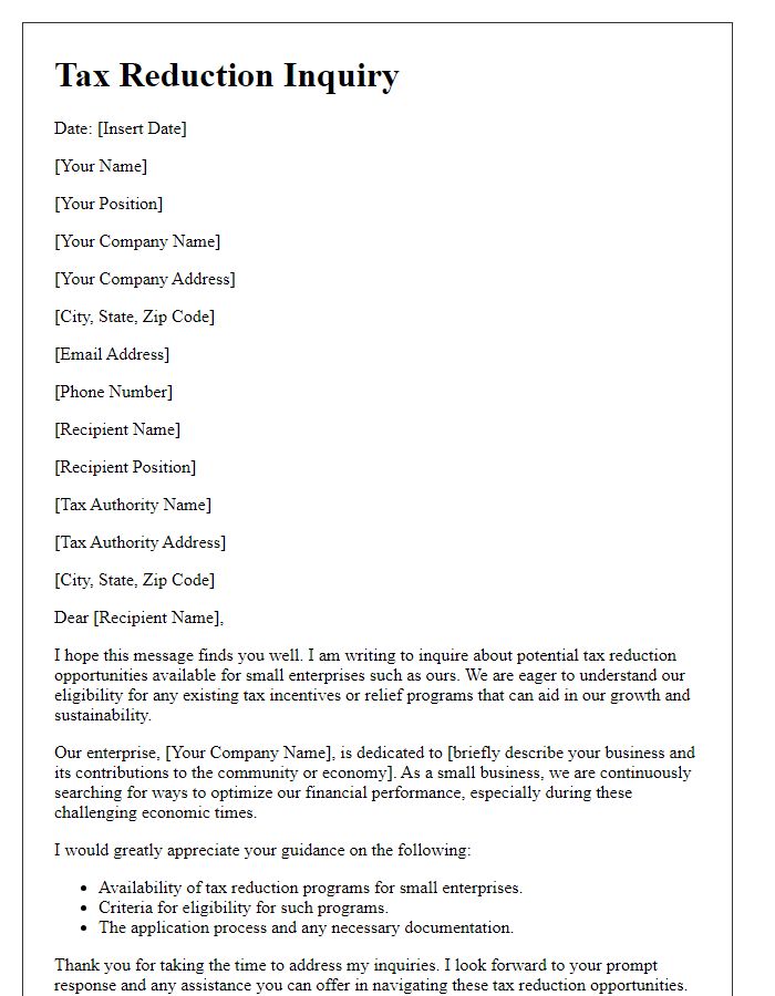 Letter template of small enterprise tax reduction inquiry.