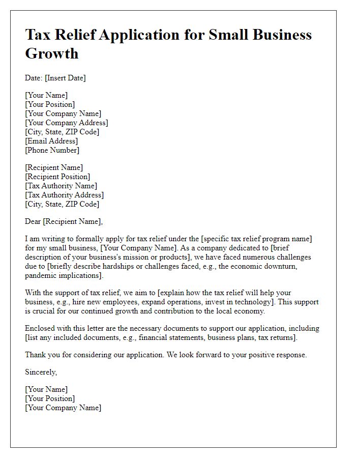 Letter template of tax relief application for small business growth.