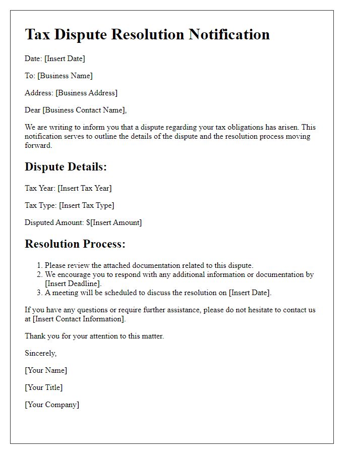 Letter template of tax dispute resolution notification for businesses