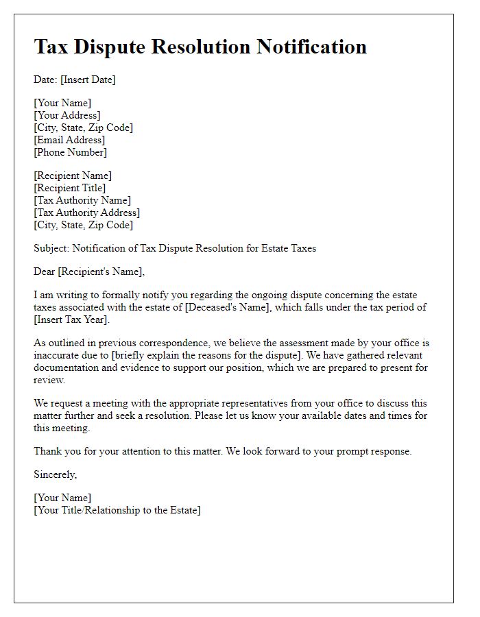 Letter template of tax dispute resolution notification for estate taxes