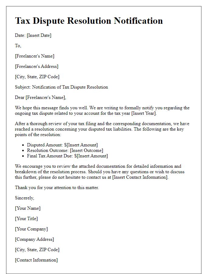 Letter template of tax dispute resolution notification for freelancers