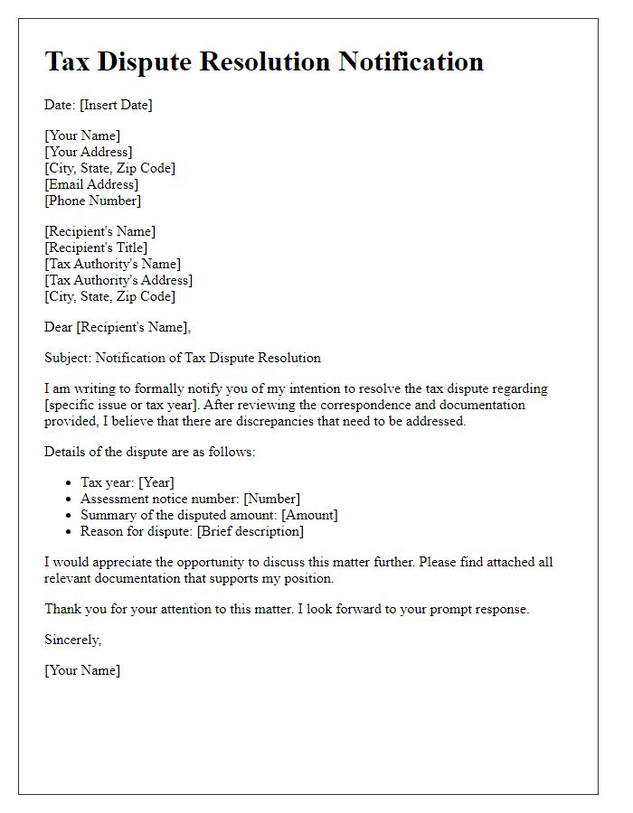 Letter template of tax dispute resolution notification for individuals