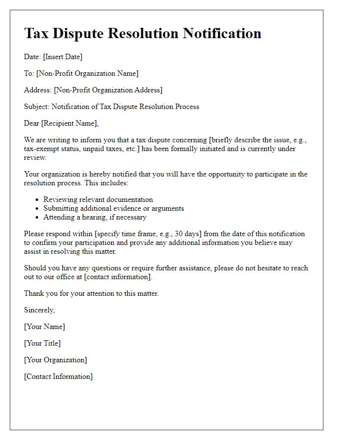 Letter template of tax dispute resolution notification for non-profits