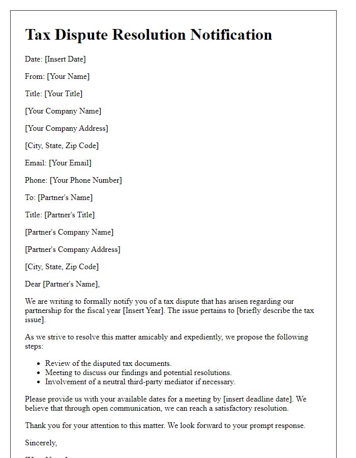 Letter template of tax dispute resolution notification for partnerships