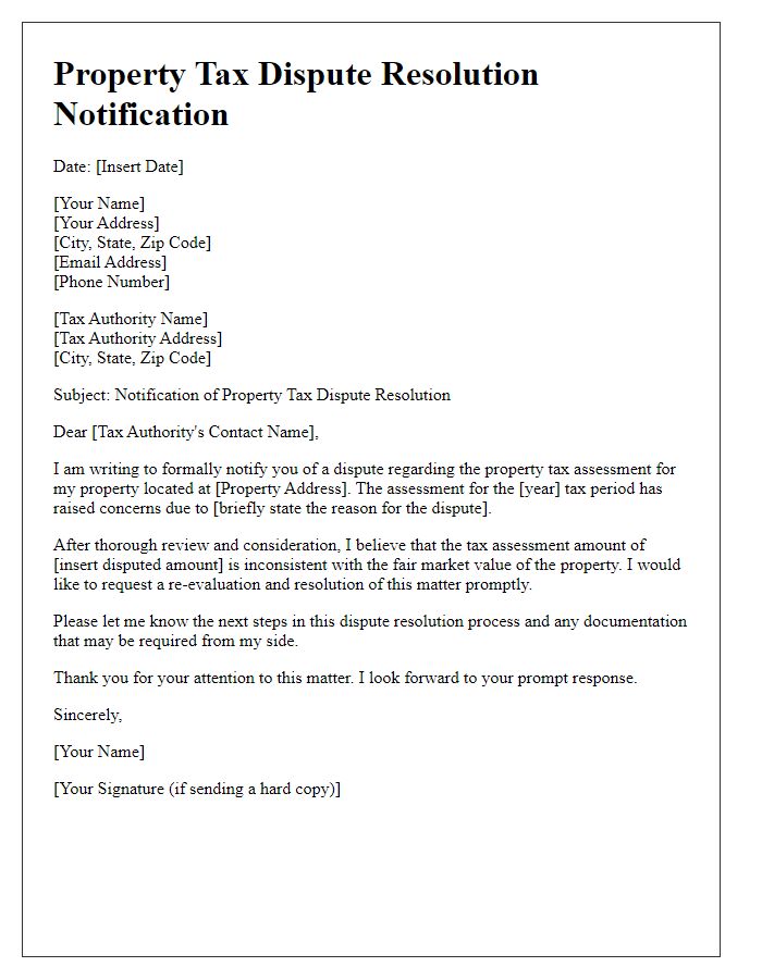 Letter template of tax dispute resolution notification for property taxes