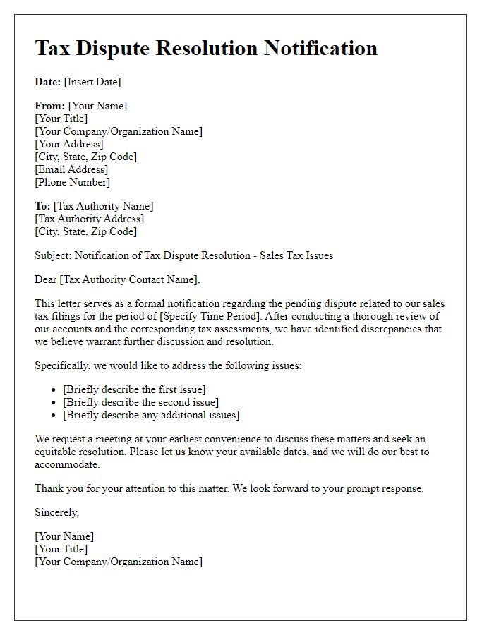 Letter template of tax dispute resolution notification for sales tax issues