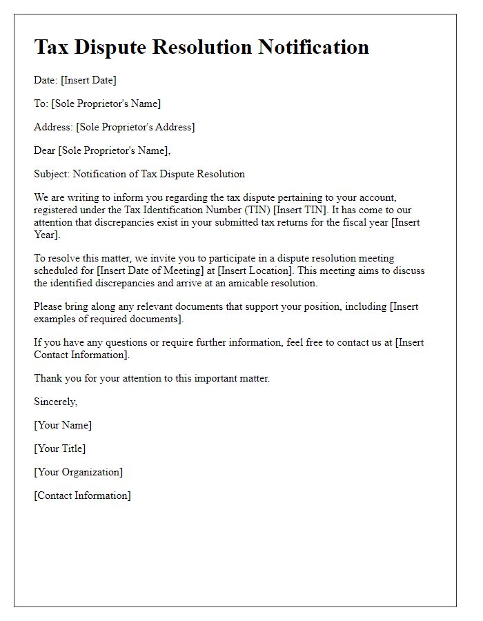 Letter template of tax dispute resolution notification for sole proprietors