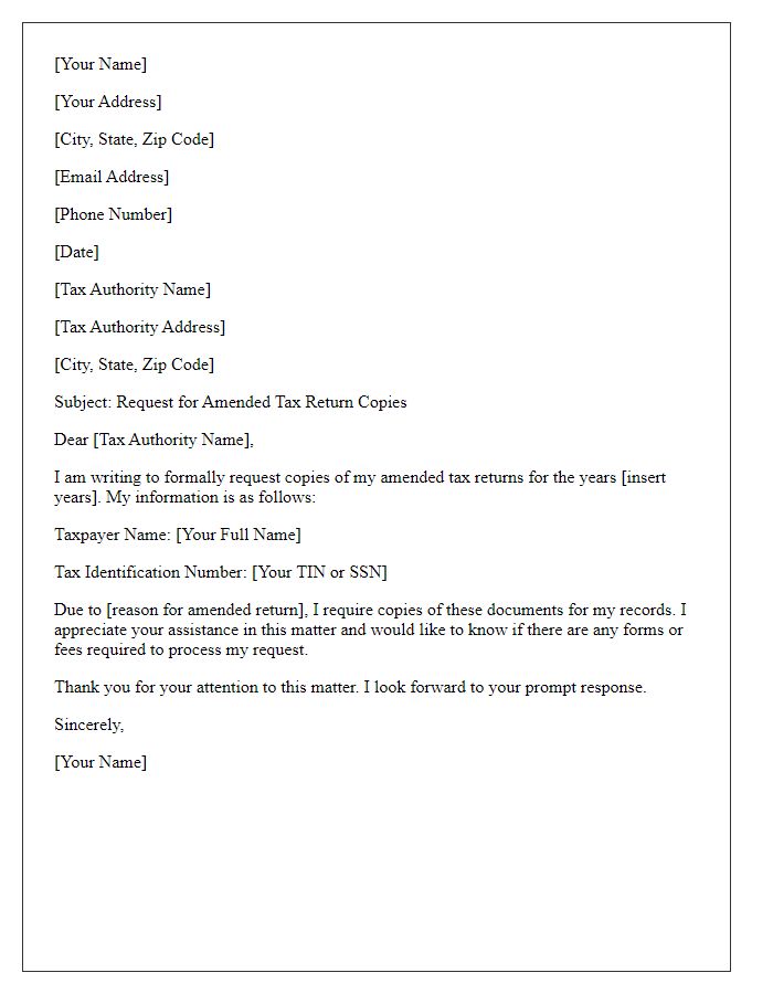 Letter template of request for amended tax return copies