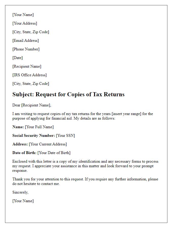 Letter template of request for tax return copies for financial aid