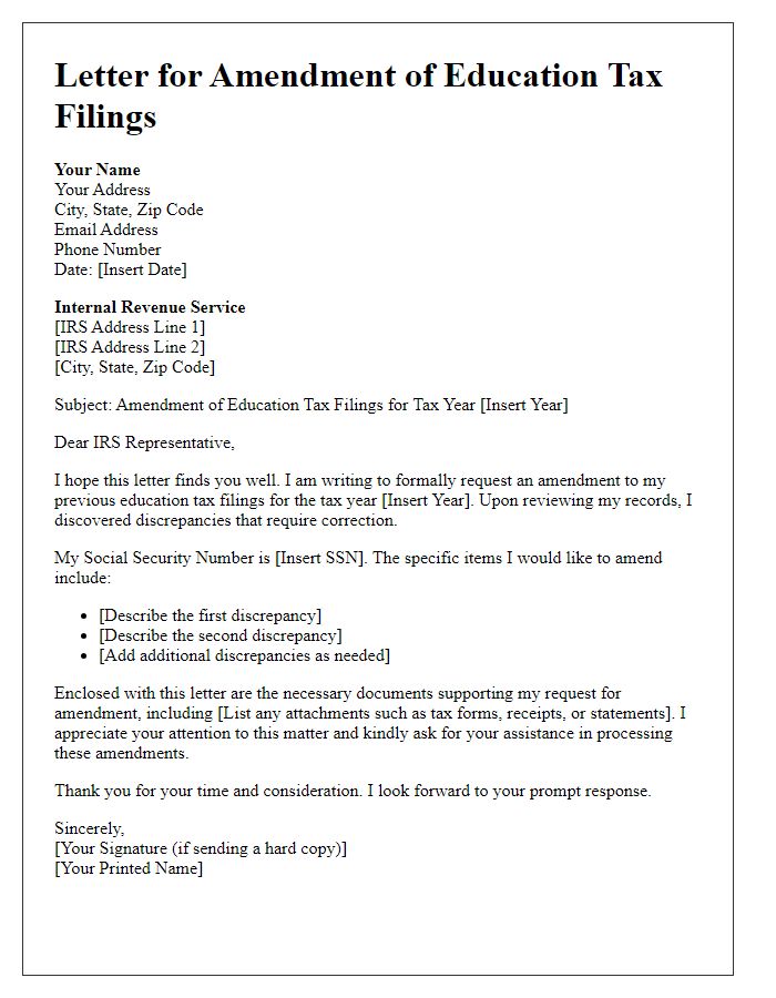 Letter template of amendment for previous education tax filings