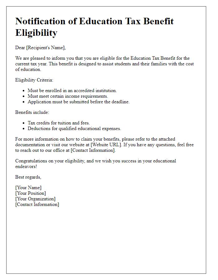 Letter template of notification for education tax benefit eligibility