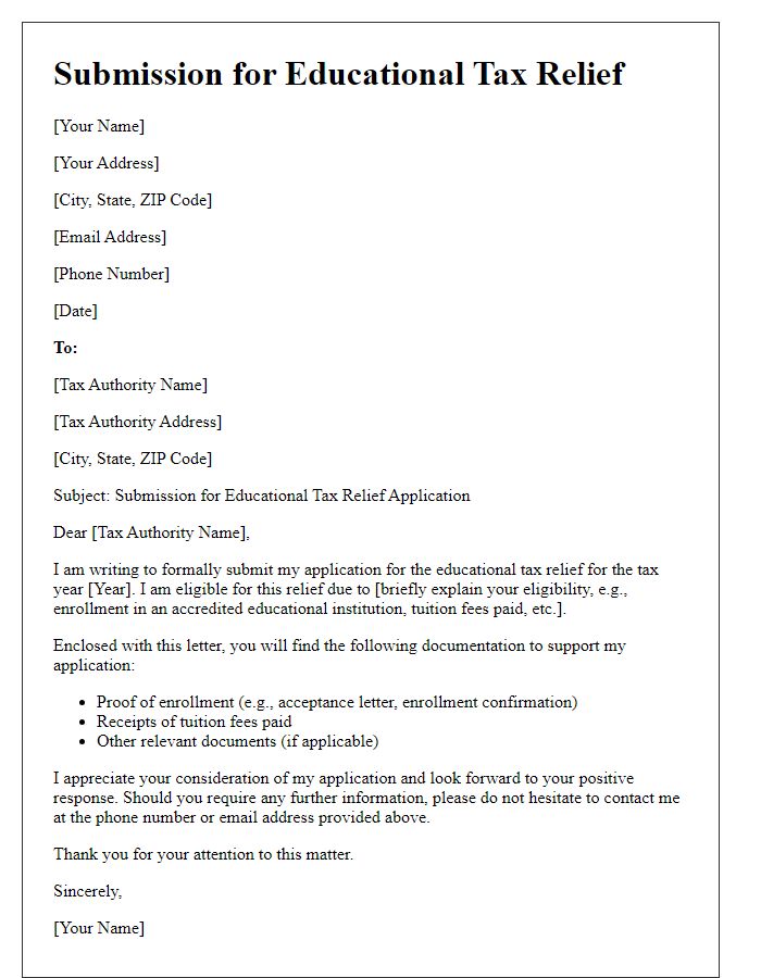 Letter template of submission for educational tax relief