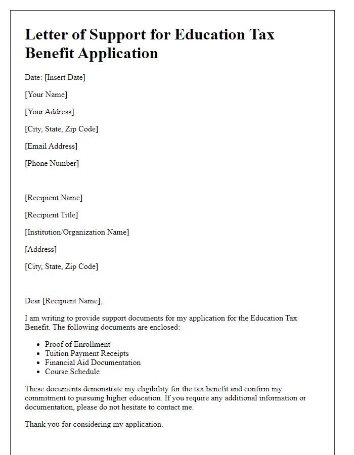 Letter template of support documents for education tax benefit application