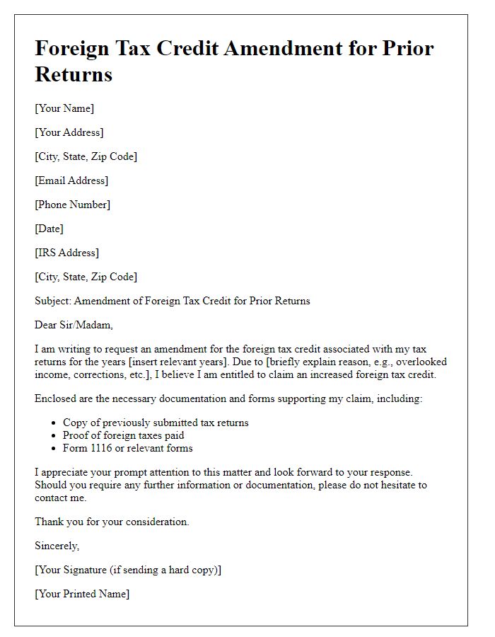 Letter template of foreign tax credit amendment for prior returns.