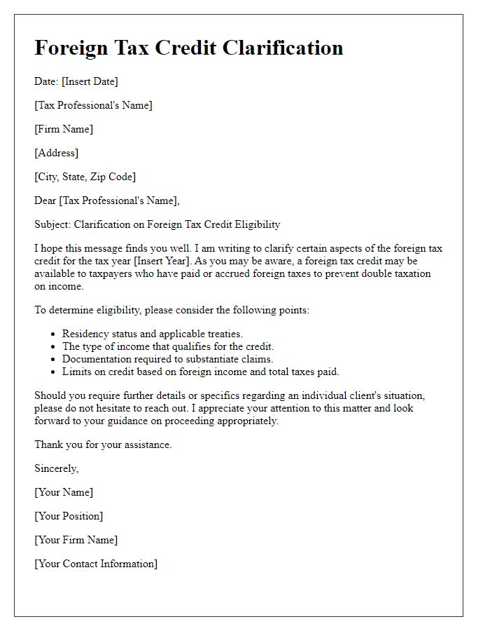 Letter template of foreign tax credit clarification for tax professionals.