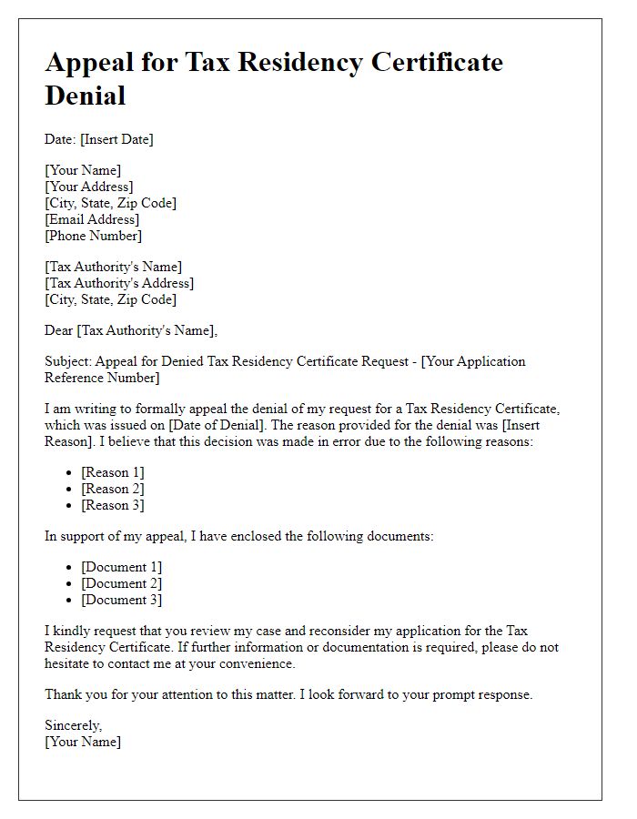 Letter template of tax residency certificate appeal for denied requests.