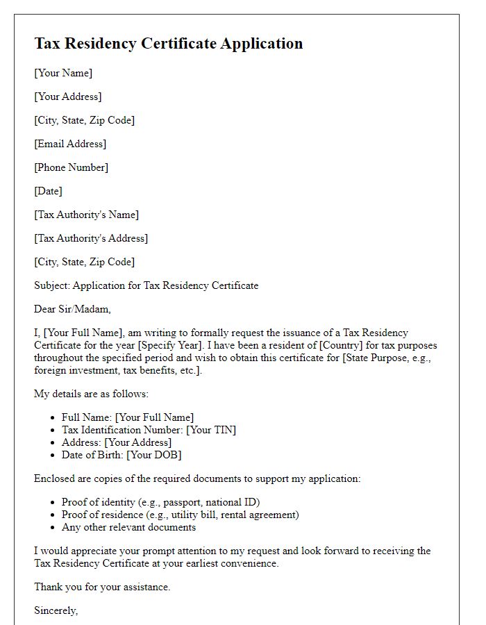 Letter template of tax residency certificate application for individuals.