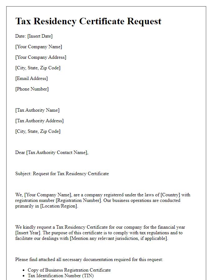 Letter template of tax residency certificate request for businesses.