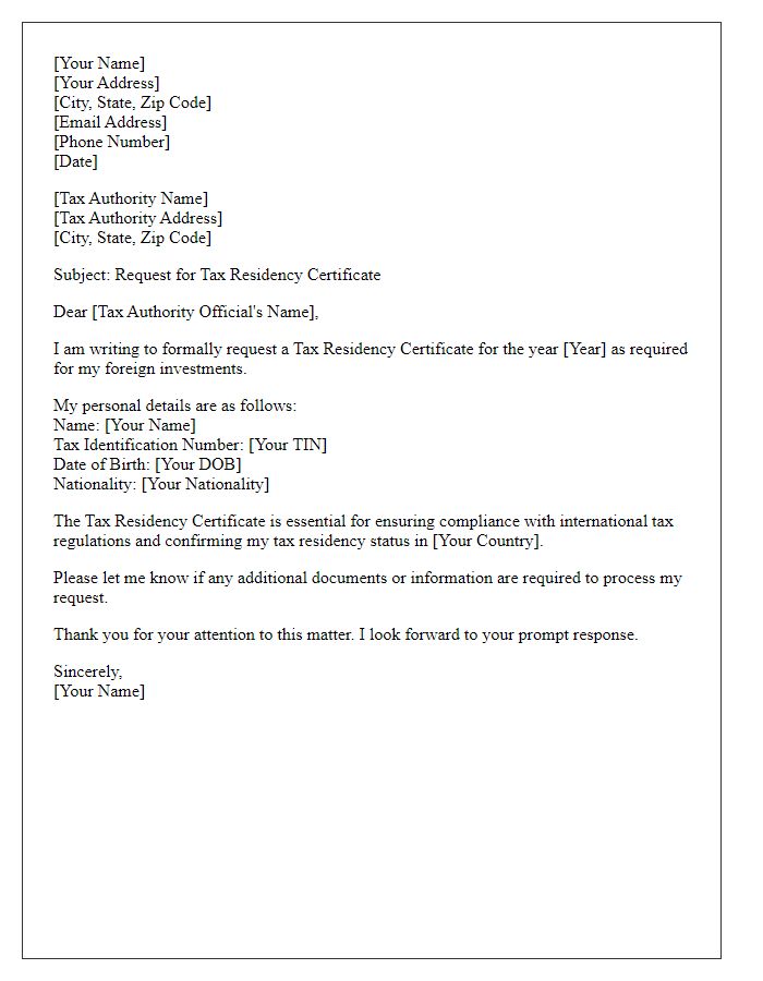 Letter template of tax residency certificate request for foreign investments.