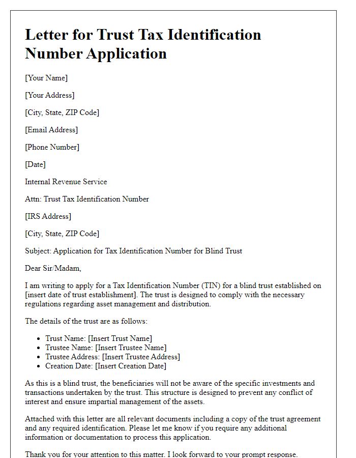 Letter template of trust tax identification number application for blind trusts.