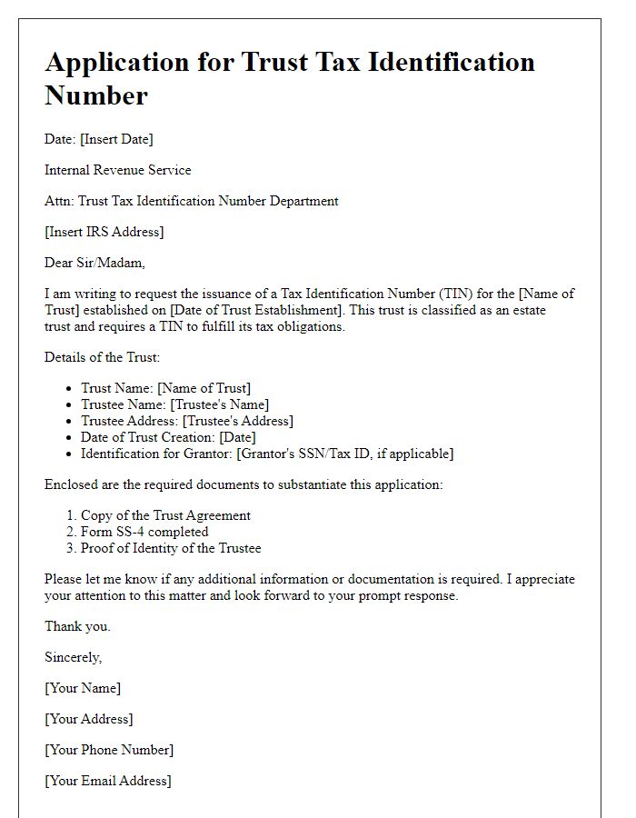 Letter template of trust tax identification number application for estate trusts.