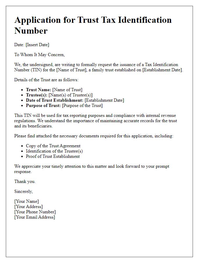 Letter template of trust tax identification number application for family trusts.