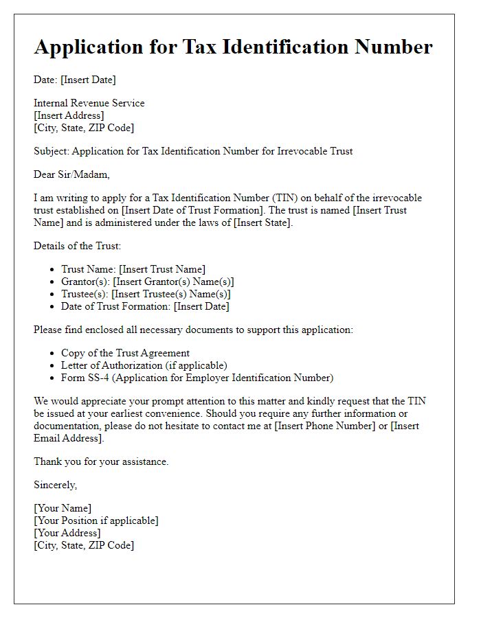 Letter template of trust tax identification number application for irrevocable trusts.