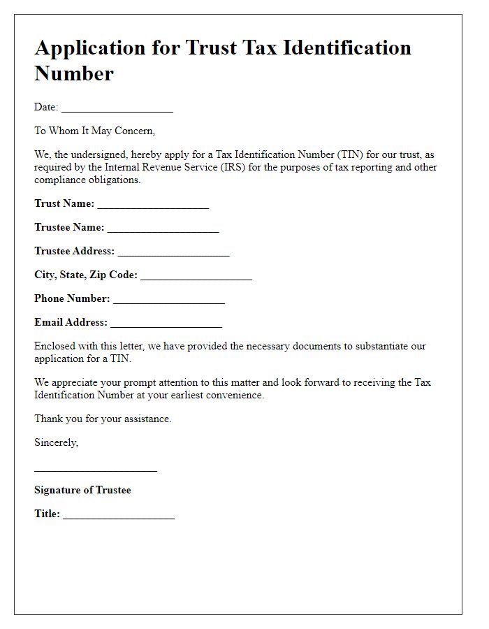 Letter template of trust tax identification number application for organizations.