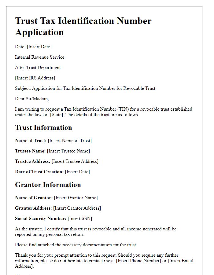 Letter template of trust tax identification number application for revocable trusts.