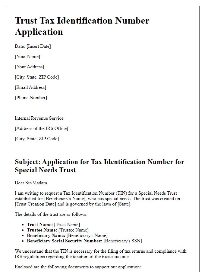 Letter template of trust tax identification number application for special needs trusts.