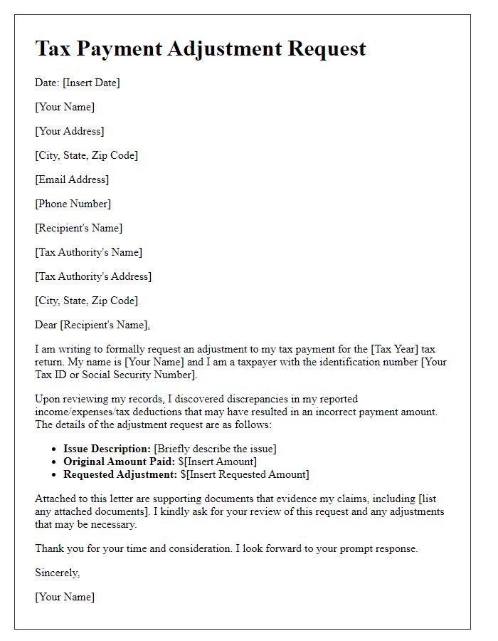 Letter template of tax payment adjustment request