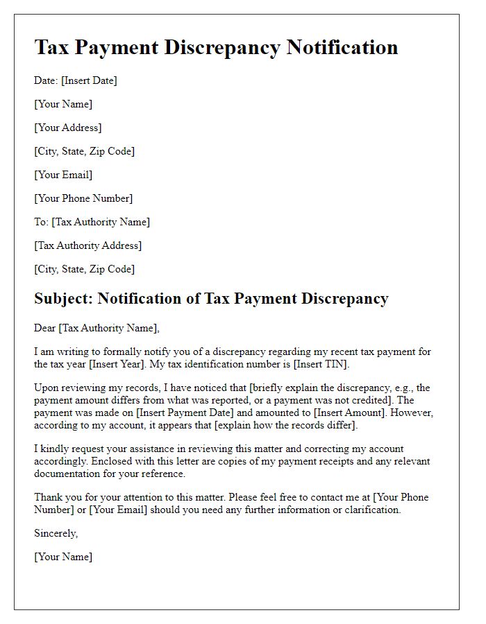 Letter template of tax payment discrepancy notification