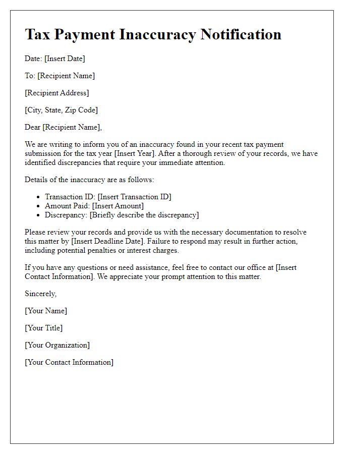 Letter template of tax payment inaccuracy notification