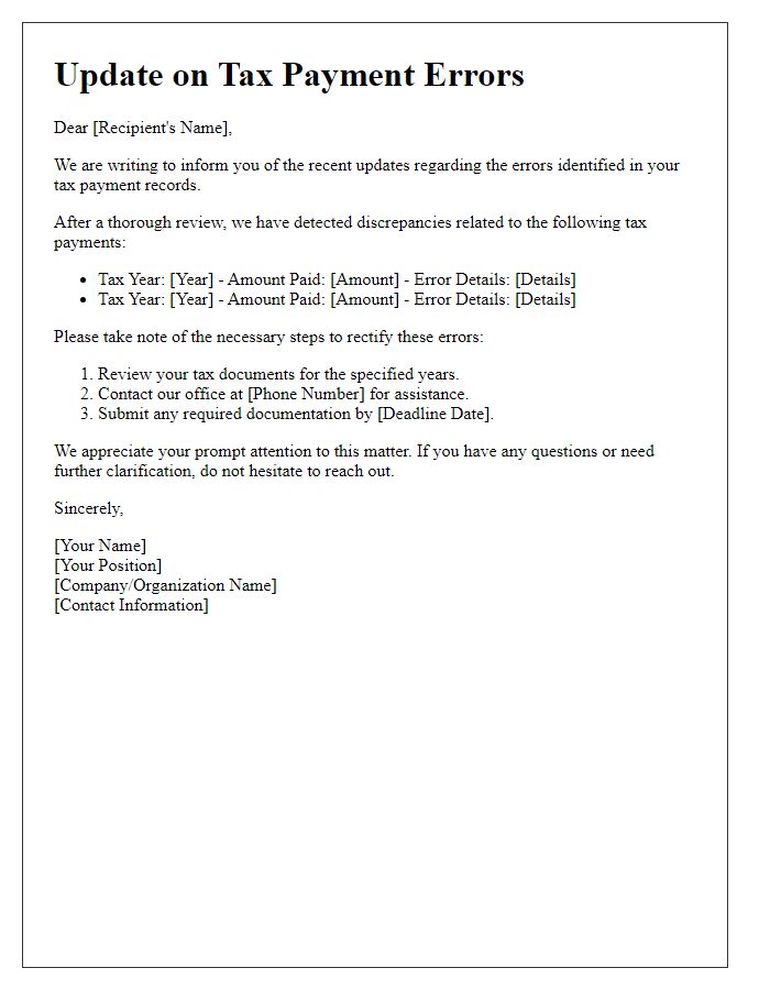 Letter template of update regarding tax payment errors